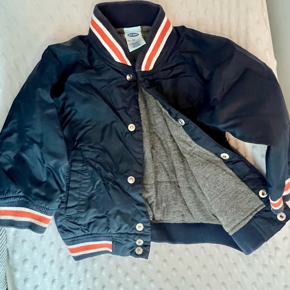 Light weight bomber jacket! Navy blue with organge & white stripes